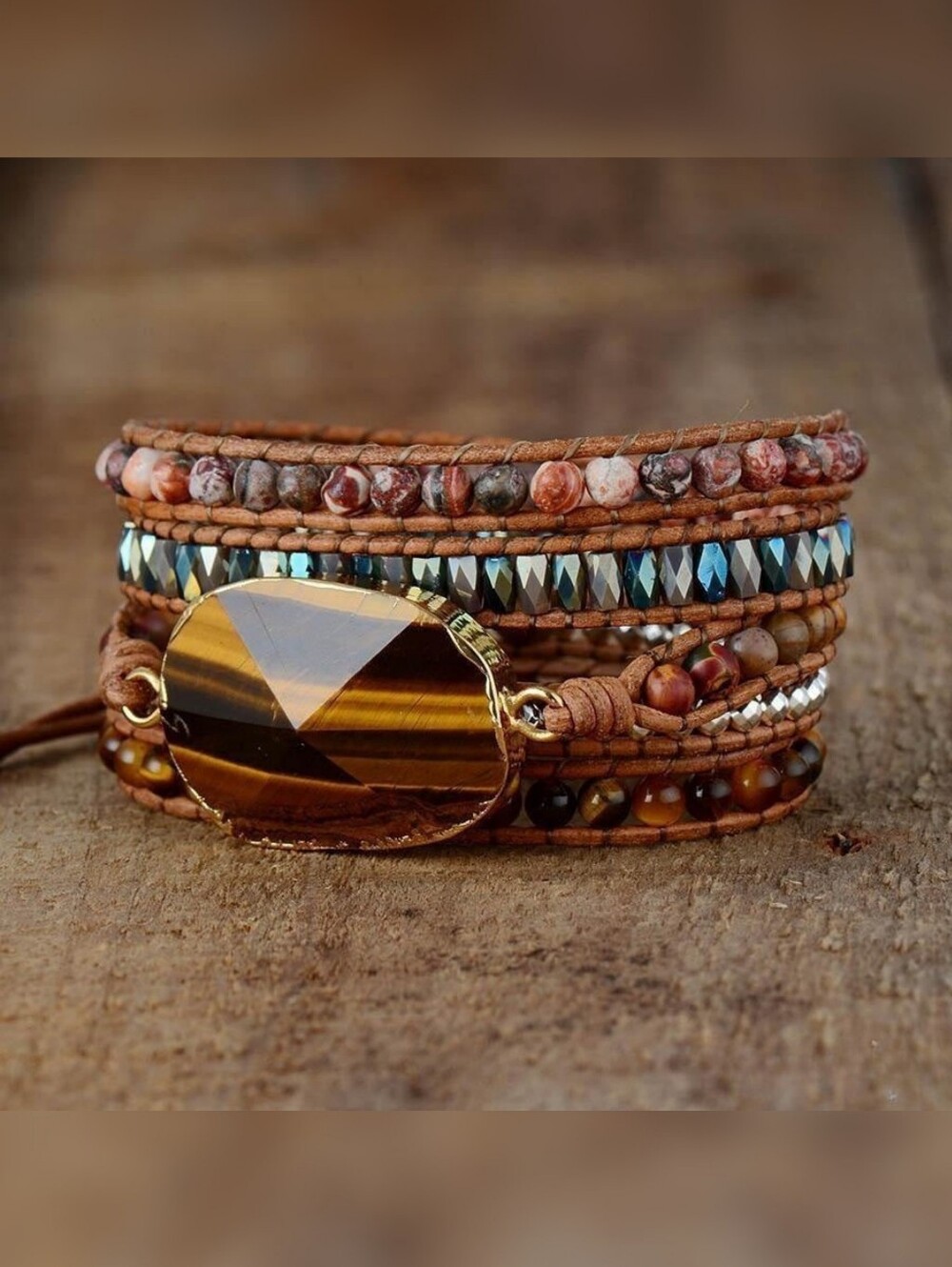 Tigers Eye & Leather Boho Wrap Bracelet - Picture 3 of 5